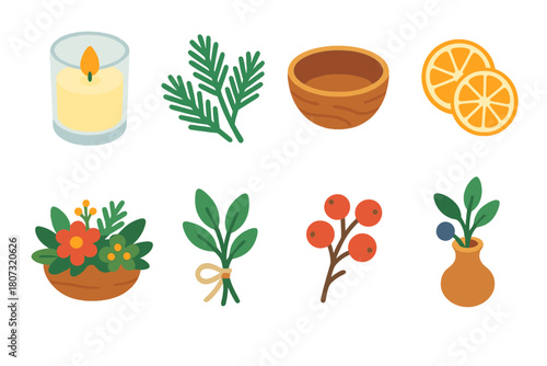 Vibrant Natural Centerpieces Icons. Natural Centerpieces modern flat icon set: candle in glass, pine branches, wooden bowl, dried orange slices, floral arrangement, twine wrap,