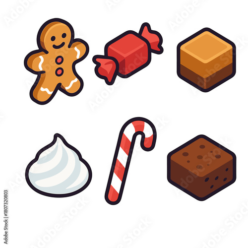 Festive Sweet Treats. Holiday Sweets modern flat icon set: gingerbread cookie, fudge, caramel square, meringue, peppermint stick, brownie bite.
