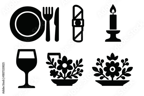 Festive Table Icons. Festive Table Setting bold vector icon set: plate, cutlery, napkin ring, candle, wine glass, centerpiece.