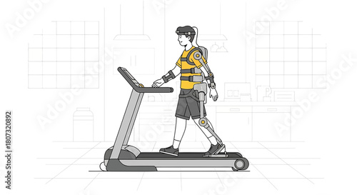 Advanced rehabilitation: a woman using a treadmill with an exoskeleton for therapy and recovery