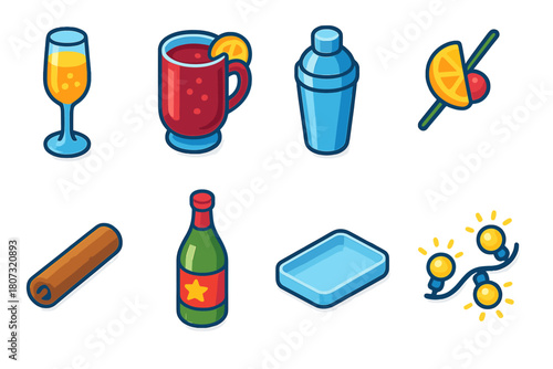 Festive Drink Icons. Holiday Drink Bar modern flat icon set: champagne flute, mulled wine cup, shaker, cocktail garnish, cinnamon stick, festive bottle, glass tray, glowing garland