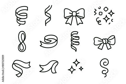 Party Decor Icons. Streamers & Ribbons Set outline icon set: curled ribbon, hanging streamer, bow, confetti, looped string, paper swirl, spiral strand, tied knot, fabric fold,