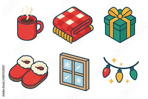 Cozy Christmas Icons. Cozy Christmas Morning modern flat icon set: steaming drink, blanket, present, window frost, slippers, twinkling lights.