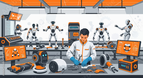 Advanced robot manufacturing process with engineer, cutting-edge technology and robotics factory