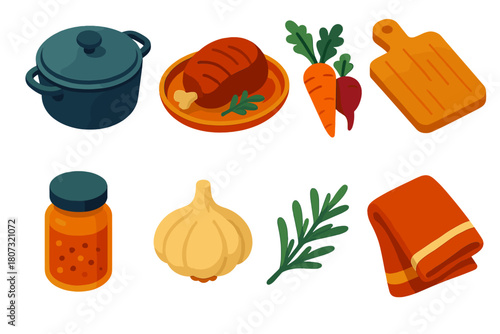 Isometric Cooking Icons. Rustic Winter Cooking modern flat icon set: cast iron pot, roasted meat, root vegetables, chopping board, jar of spices, garlic bulb, herb sprig, kitchen