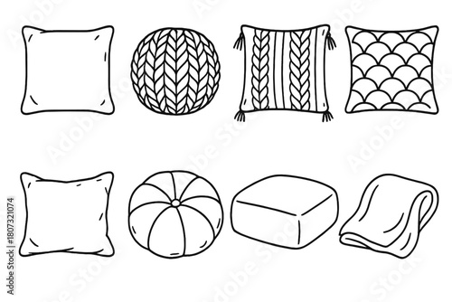 Cozy Cushion Icons. Cozy Cushion Set outline icon set: square pillow, round cushion, knitted cover, tasseled edge, patterned pillow, velvet cushion, floor pillow, soft blanket.