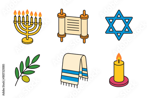 Jewish Icons Collection. Jewish Heritage modern flat icon set: menorah, Torah scroll, Star of David, olive branch, prayer shawl, candle.