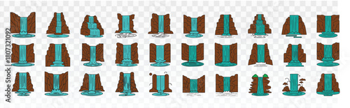 Large vector set of stylized waterfalls in different flow shapes and patterns, featuring brown rocky cliffs and turquoise water. Ideal for nature graphics, landscape design, animation assets,