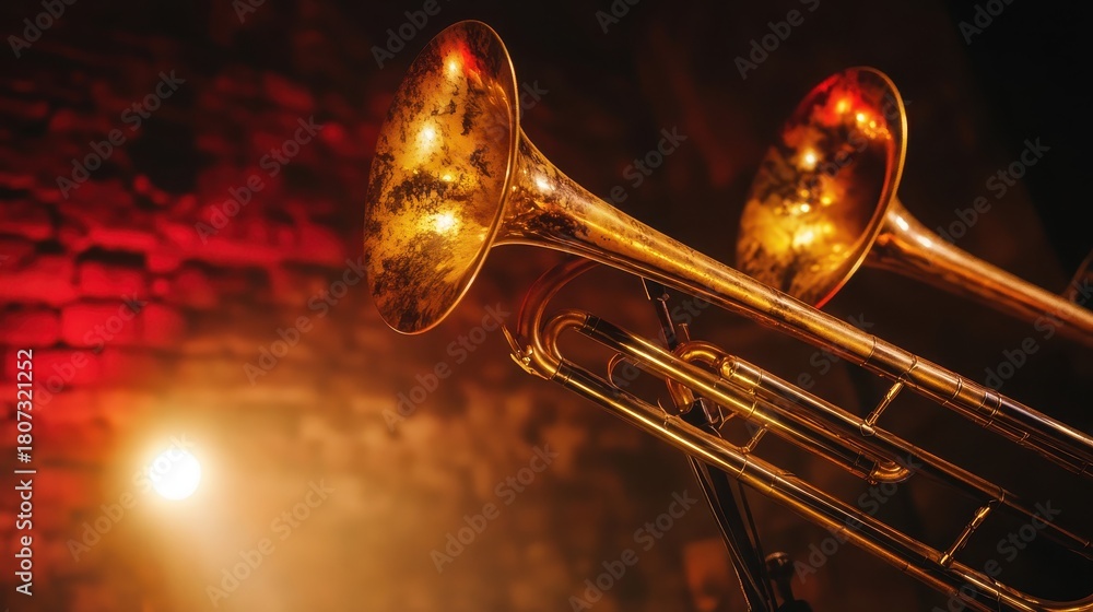 Obraz premium A tarnished brass trumpet instrument resting on a stand under dramatic lighting