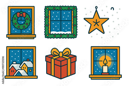 Festive Holiday Icons. Holiday Window Scene modern flat icon set: wreath on window, garland frame, snowy rooftops view, star ornament, candlelight reflection, gift box, warm glow,