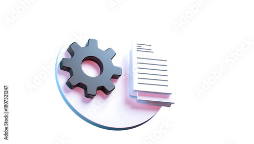 A 3d rendering of a gear and papers isolated on transparent background, symbolizing settings, configuration, and documentation, ideal for illustrating technical support or software customization conce