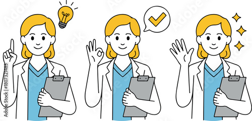 Blonde female doctor gives advice with a lightbulb, approval and hand gesture with transparent background