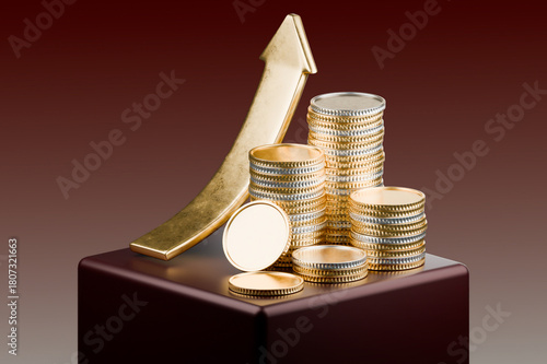 stacks of coins and an upward arrow, symbolizing financial growth