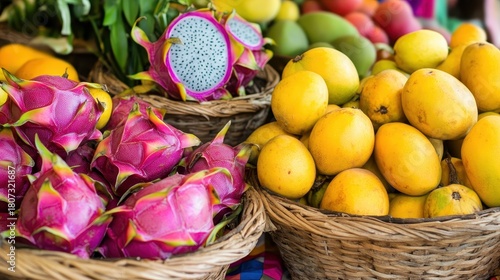 A vibrant display of fresh exotic fruits like dragon fruit and mangoes arranged in woven baskets