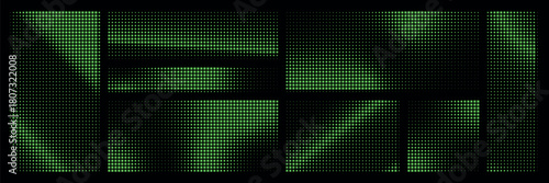 Green pixel bitmap pattern with glitch effect and radial halftone gradient. Abstract digital texture featuring dithered waves and retro Y2K manga-style overlay for creative backgrounds.