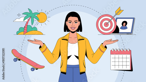 A woman balances work, goals, and leisure activities in her life.