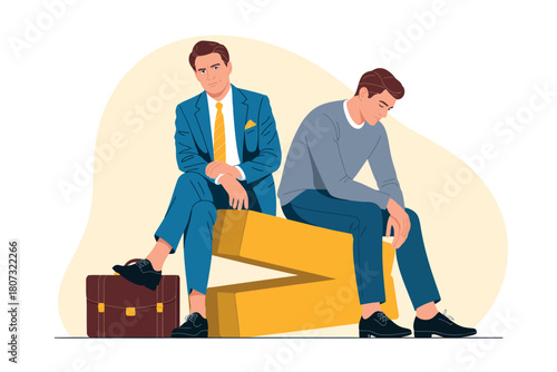 Two businessmen sit with contrasting postures and expressions, representing different states of mind or success.