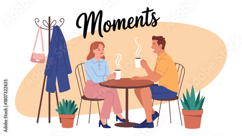 Couple enjoys a warm beverage together at a cafe table, sharing a moment.