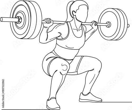 Female athlete performing a barbell back squat with correct form, illustrating strength training and fitness routines.