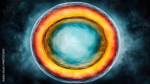 Abstract vibrant depiction of a cell structure with colorful internal layers and a bright central core