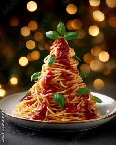 A christmas tree made of spaghetti with tomato sauce on a plate, set on a table in a restaurant. Candles provide light, creating a  atmosphere with a christmas theme. 