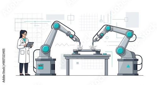 Automated manufacturing process controlled by scientist with robotic welding arms