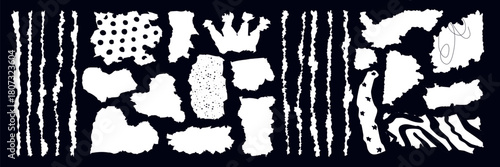 Torn paper shapes set featuring ripped fragments with rough borders. Cut paper scraps ideal for kids crafts, DIY projects, scrapbook frames and creative collage compositions.