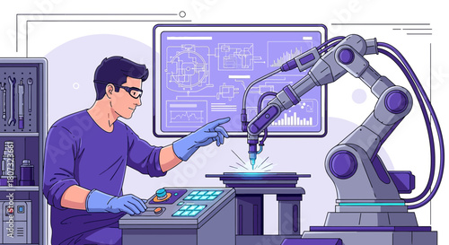 Automated manufacturing: Robotic arm welding process controlled by engineer, blueprint display
