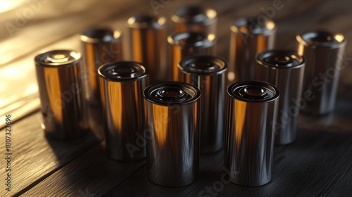 A collection of batteries arranged on a wooden surface, showcasing their metallic finish