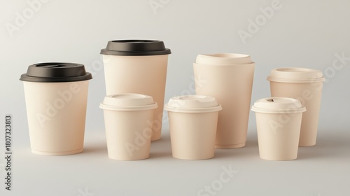 A collection of beige takeaway coffee cups arranged in a stylish mockup setting, perfect for commercial use in branding and marketing materials