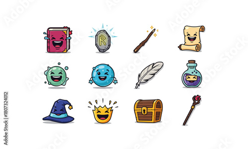 10 emoji icons shaped like magical fantasy items — laughing spellbook, glowing rune stone, smiling wand, giggling scroll, floating orb grin, enchanted feather — bright whimsical palette