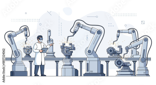 Automated production line controlled by a scientist with robotic arms and advanced welding