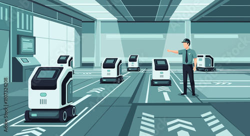 Automated warehouse with robots moving goods, overseen by a supervisor in a modern industrial