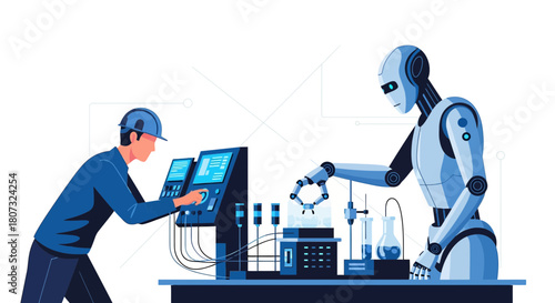 Automation and human collaboration in a futuristic laboratory setting involving a robotic arm