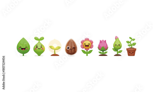 a set of 10 plant-inspired 3D emoji icons — happy leaf, blushing sprout, winking seed, cheerful flower bud, little potted vine with face, glowing seedling — soft gradients, smooth textures