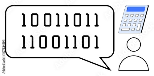 Binary numbers in speech bubble, calculator, abstract person. Ideal for technology, programming, coding, computation, data analysis education digital tools. Simple flat metaphor