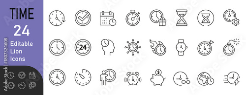 Time Management and Productivity line icon set. Contains symbols for planning, schedule, deadline, efficiency, 24-hour service, and quick delivery. Vector design for corporate presentations.