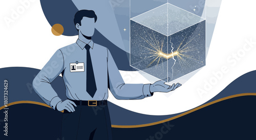 Businessman presenting a futuristic cube with energy core offering innovative solutions