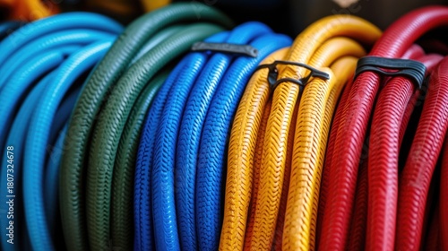A collection of colorful coiled hoses for various practical uses