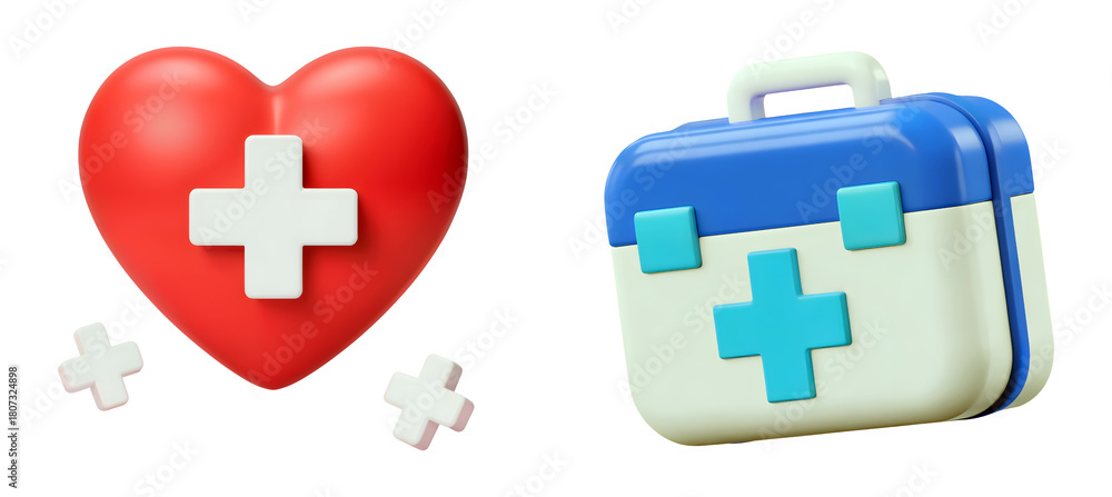 Fototapeta premium Medical care kit and heart with cross first aid health and wellness design concept for promotion isolated on png transparent background