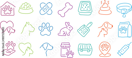 Colorful line art icons representing pet care and supplies