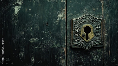 An ornate antique brass lock with a tarnished mechanism on a weathered dark green wooden door