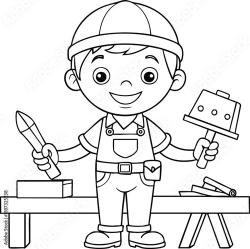 A young builder child happily uses carpenter tools on his worktable engaging in creative play