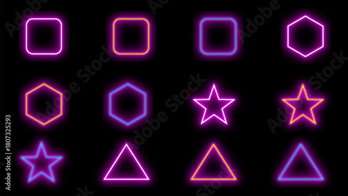 Glowing purple neon signs vector design set with light and glossy texture for web illustration