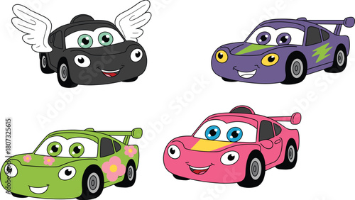 Cute cartoon race cars with expressive faces, colorful designs, playful characters, kids illustration, fun transportation artwork for children’s themes and decor