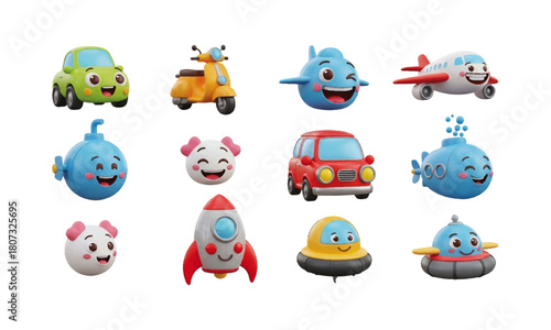 10 3D emoji icons shaped like mini vehicles — happy car, winking scooter, smiling airplane, giggling submarine, cute rocket van, tiny hovercraft face — cartoon-style glossy surfaces