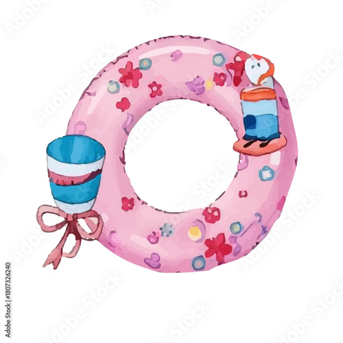 watercolor float pool. Watercolor vector cute swimming ring set collection. flamingo float