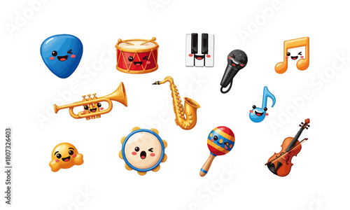 10 emoji-style 3D icons based on musical instruments — happy guitar pick, smiling drum, winking piano key, laughing microphone, glowing note character — glossy and colorful