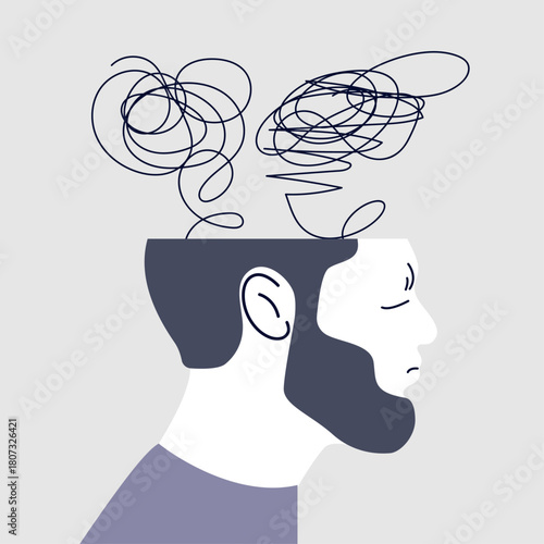 Headache old man, Memory loss and dementia, Alzheimer's, brain damage concept. Sad man suffers from migraine, confusion, memory loss, dementia, reduced function of brain and mind. Vector illustration