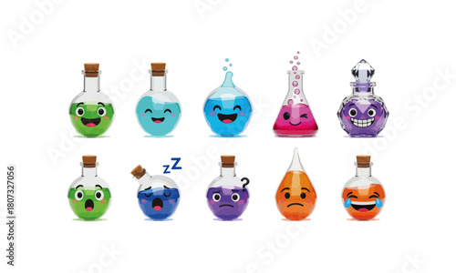 10 magical potion-themed 3D emoji icons — happy potion bottle, glowing liquid face, bubbling smile flask, crystal jar wink, enchanted drop grin — transparent glass, sparkly liquid, soft reflections